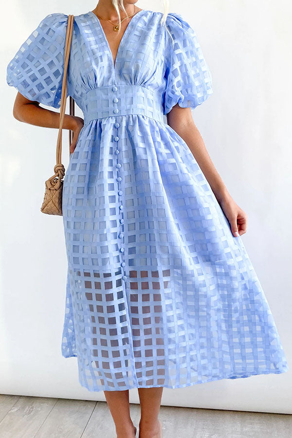 Remarkable Beauty Square Patterned Fabric Puff Sleeve Midi Dress