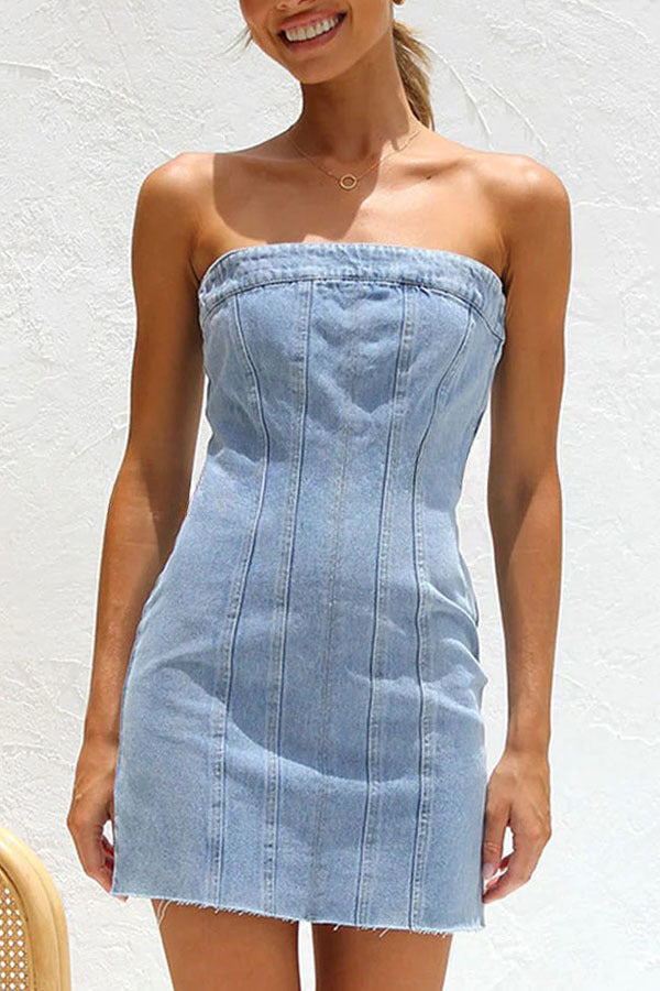 Sleeveless Backless Wrapped Bust Concealed Zip Denim Mini Dress