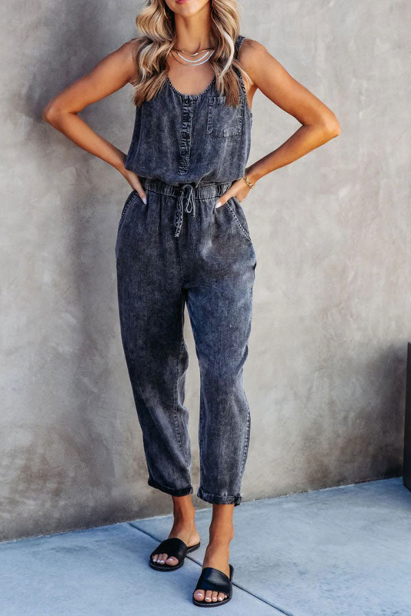 Casual Washed Waist Belt Denim Jumpsuit