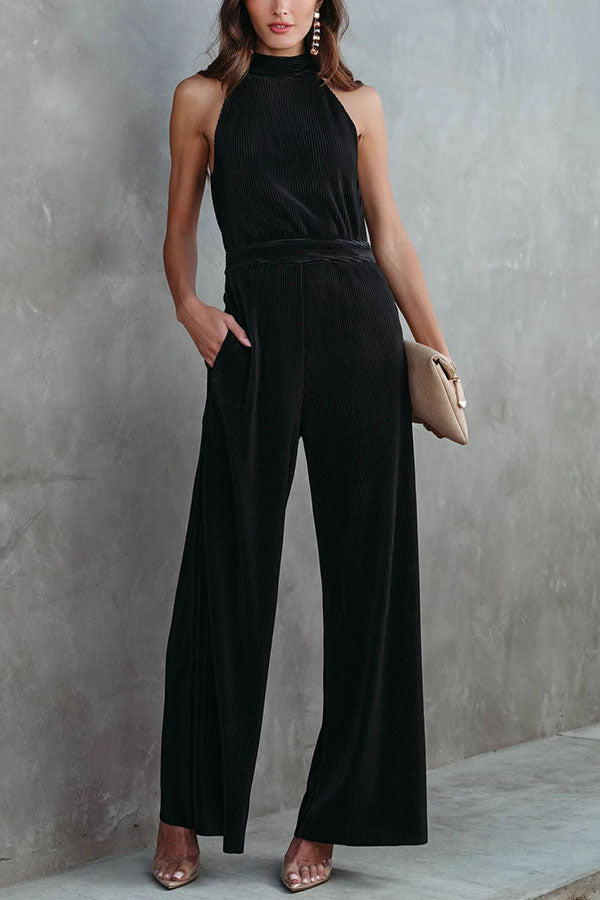 Iconic Lady Pocketed Plisse Wide Leg Jumpsuit