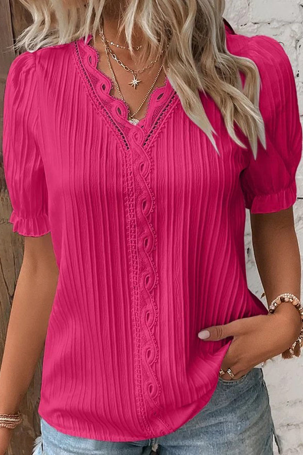 V Neck Solid Color Hollow Lace Shirt