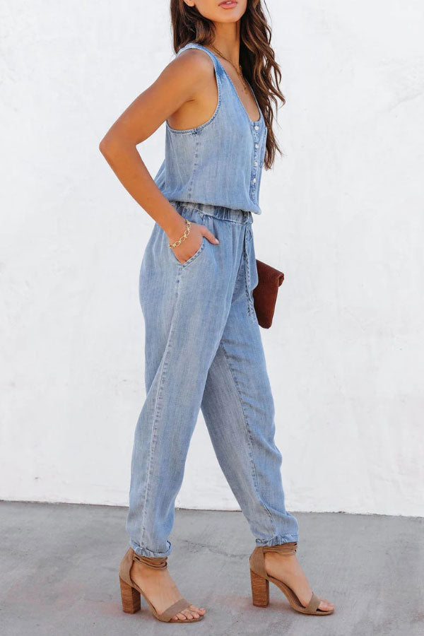 Casual Washed Waist Belt Denim Jumpsuit