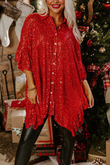 West Side Sparkle Sequin Ruffle Dolman Sleeve Drape Tunic Top