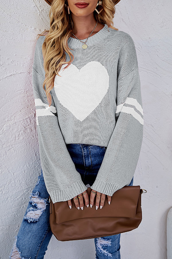 Contrast Color Round Neck Pullover Love Heart Knitted Long Sleeved Sweater