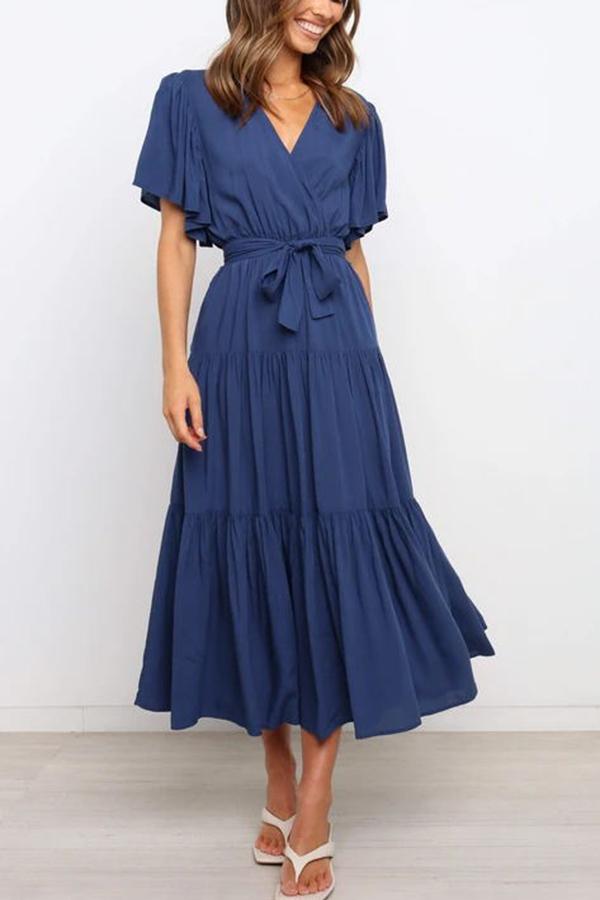 Elegant Flared Sleeve Tie Midi Dress