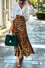 Today__ Journey Satin Leopard Tie Front Elastic Waist Midi Skirt