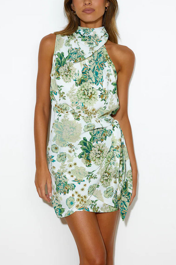 Eyes on Paradise Floral High Neck Wrap Tie Mini Dress