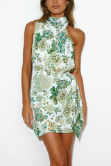 Eyes on Paradise Floral High Neck Wrap Tie Mini Dress