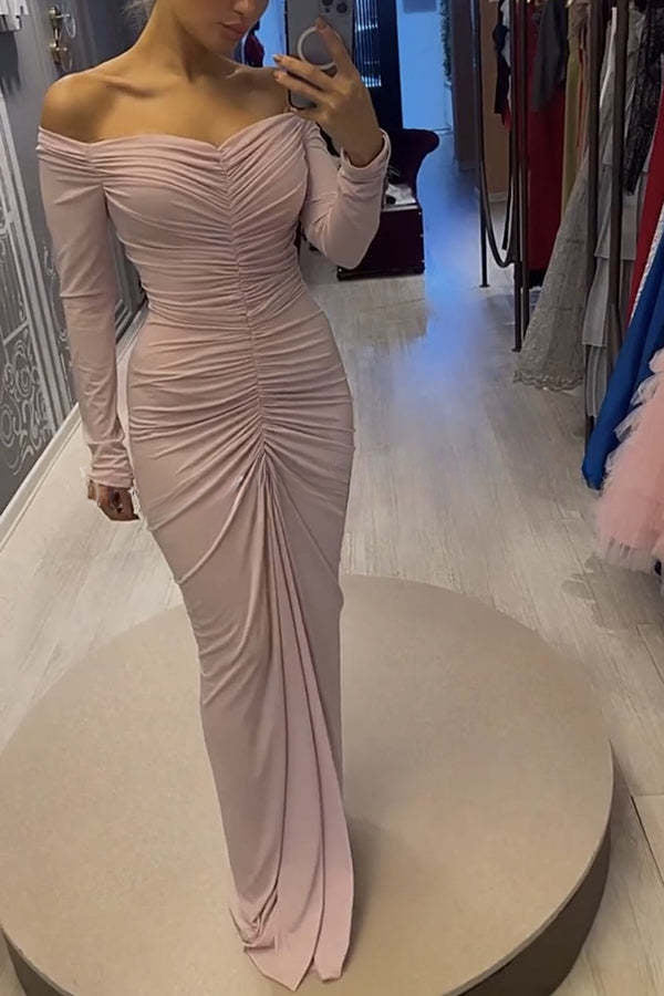 Elegant Beauty Ruched Off Shoulder Long Sleeve Drape Maxi Dress