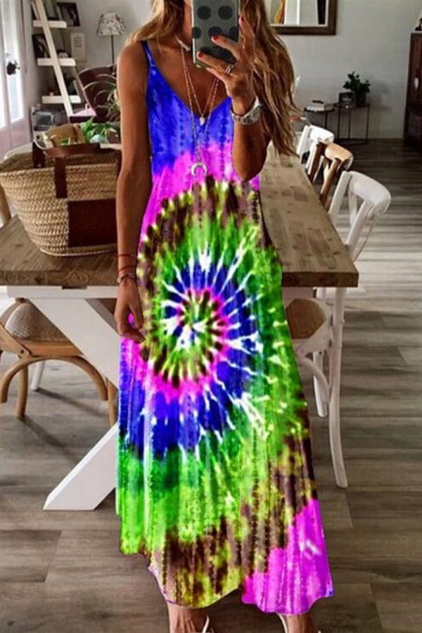 Rainbow Tie Dye Swirl Print Slip Maxi Dress