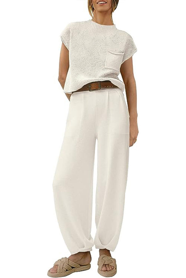 Short Sleeved Knitted Pullover Pleated Harem Pants Lounge Two Piece Set