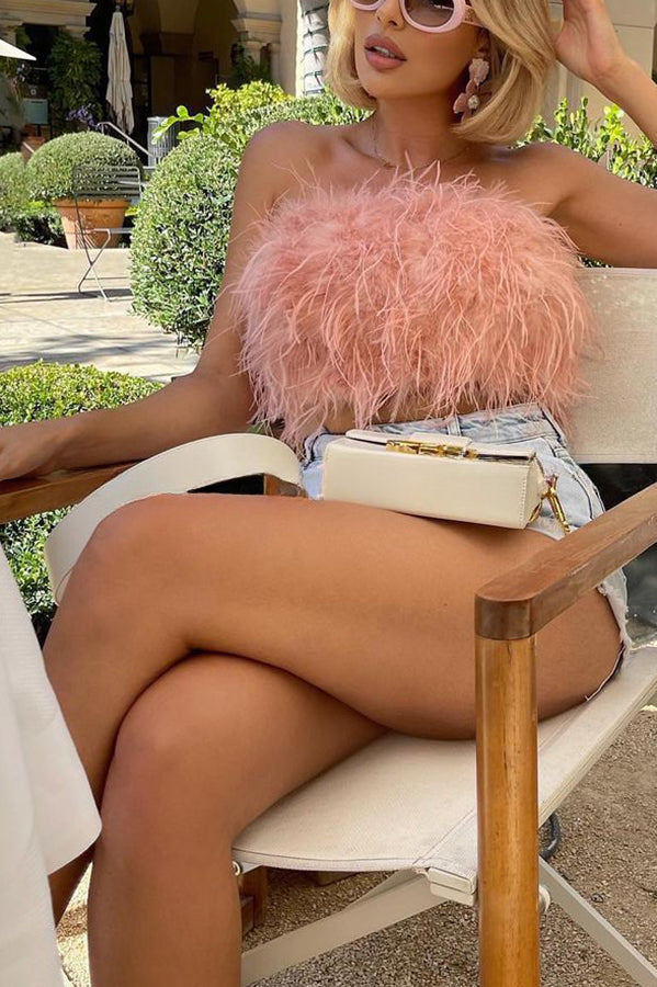 Fancy Night Out Off Shoulder Feather Crop Top