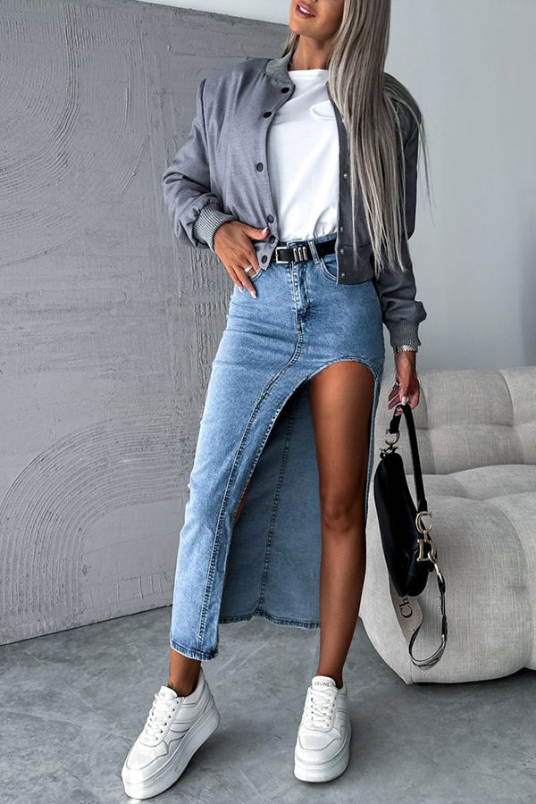 Updated Style Denim High Waisted Slit Irregular Midi Skirt