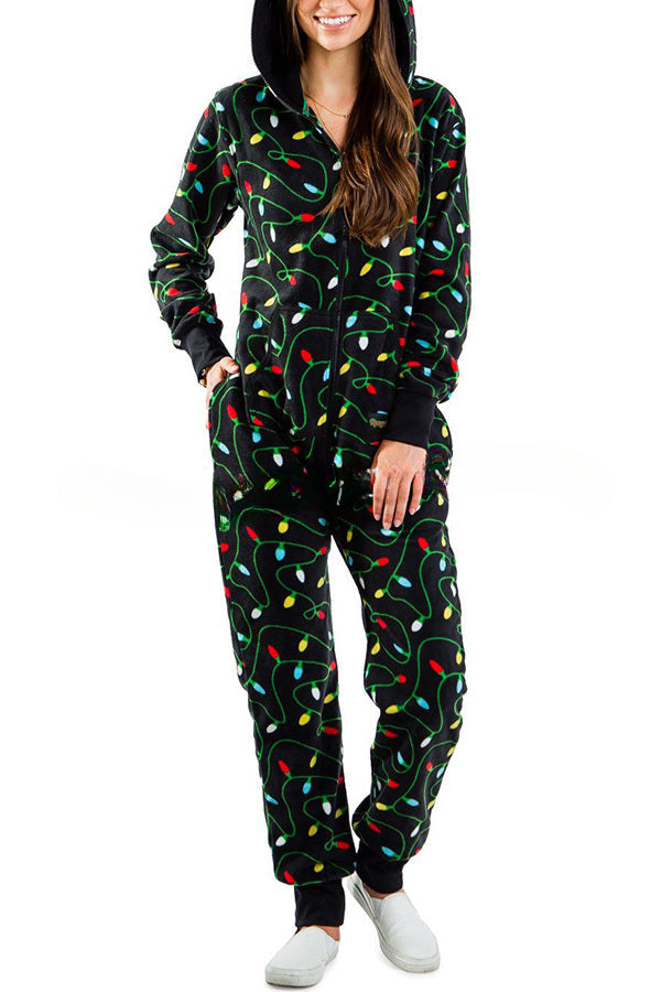 Loungewear-Overall mit Weihnachtsdruck, Reißverschlusstaschen und Kapuze