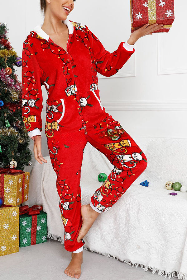 Festive Flavors Printed Flannel  Zipper Pocket Hooded Pajama Jumpsuit