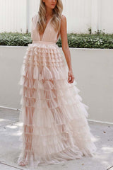 Dreamiest Statement Tiered Nude Tulle Maxi Dress