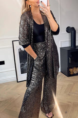 Shine Bright Sequin Half Sleeve Open Front Drape Midi Kimono