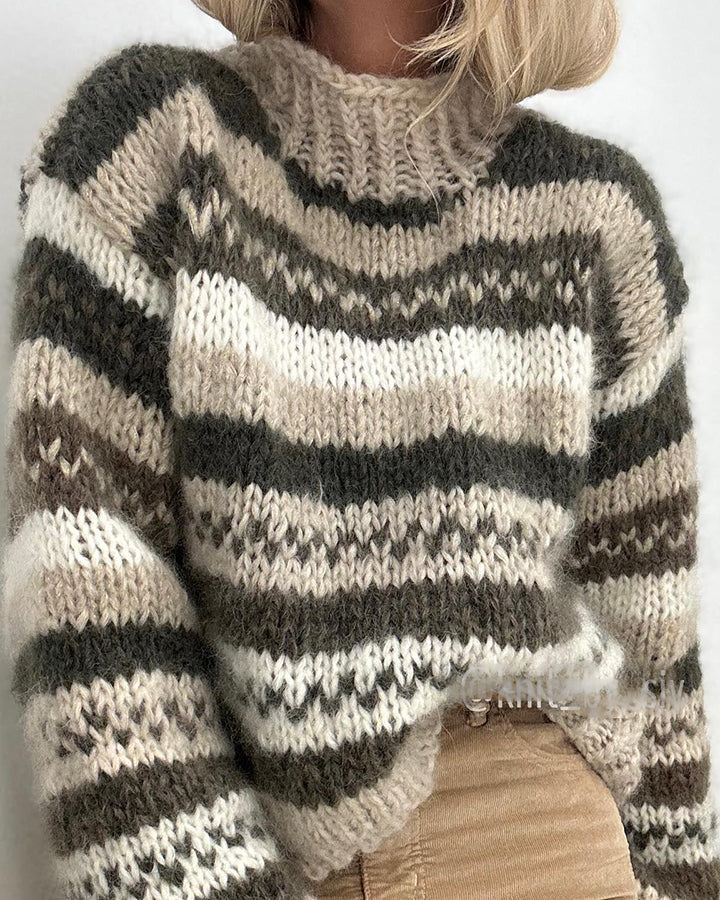 Chunky Retro Pattern Knit High Neck Pullover Sweater