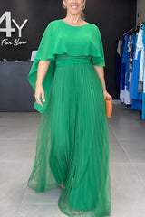 Time for A Toast Tulle Cape Bat Sleeves Pleated Tie Up Maxi Dress