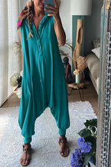 Let's Chill Pocketed Half Button Hooded Loose Jumpsuit