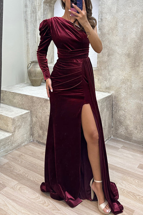 Mysterious Lady Velvet One Shoulder Sequin Trim Ruched Slit Maxi Dress