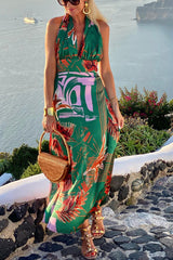 Hidden Paradise Tropical Printed Cross Over Halter Backless Maxi Dress