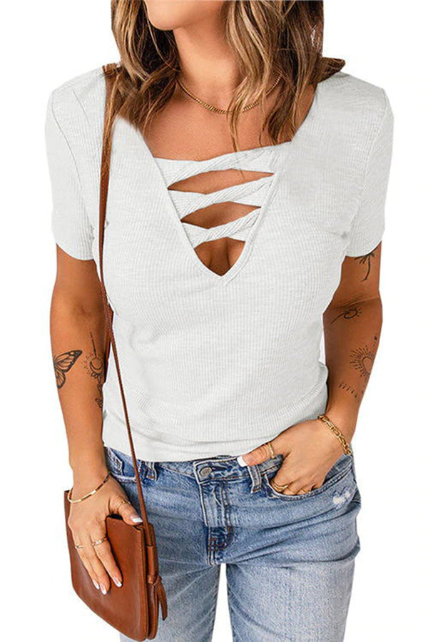 Capsize Strappy Hollow Neck Ribbed T Shirt