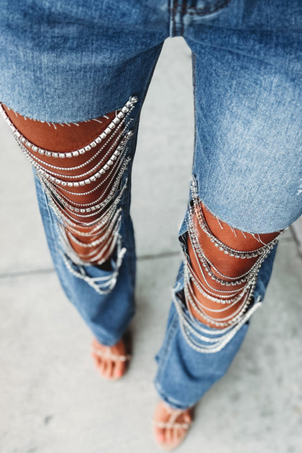 Dripping Diamonds Chain Cut Out Side Pocket Straight Leg Jeans