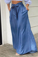 Tie Waist Pleated Side Pocket Wide Leg Jeans