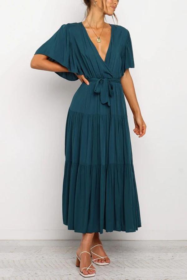 Elegant Flared Sleeve Tie Midi Dress