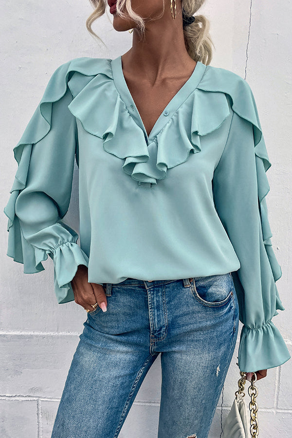 Ruffled Sleeve V Neck Button Down Commuter Shirt