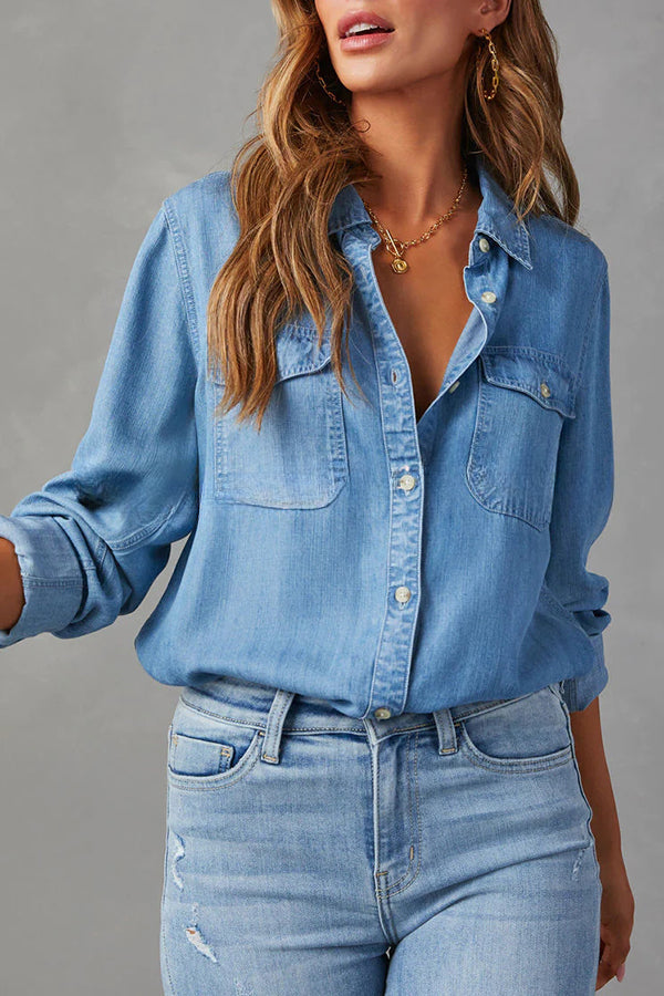 Krissy Denim Pocketed Button Down Relaxed Blouse