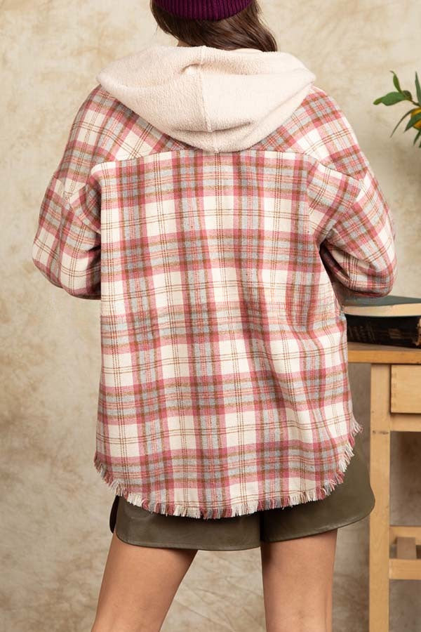 Hoiud Large Pocket Single Breasted Hooded Plaid Shirt