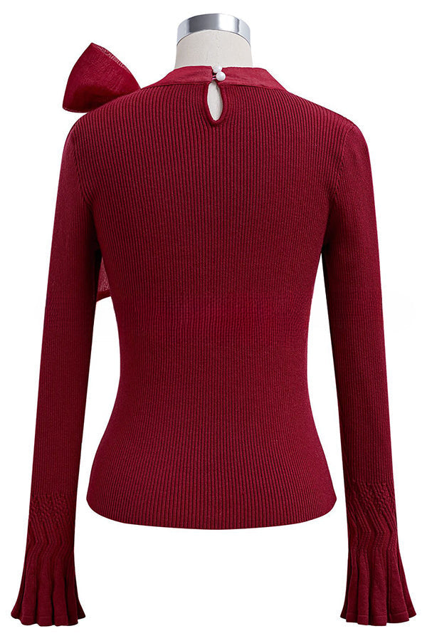 Fancy with Ribbed Knit Bowknot Neck Bell Sleeve Top