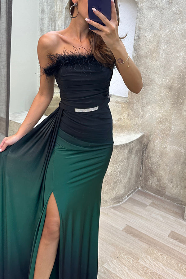 Wild Elegance Gradient Print Feather Trim Belted Slit Maxi Dress