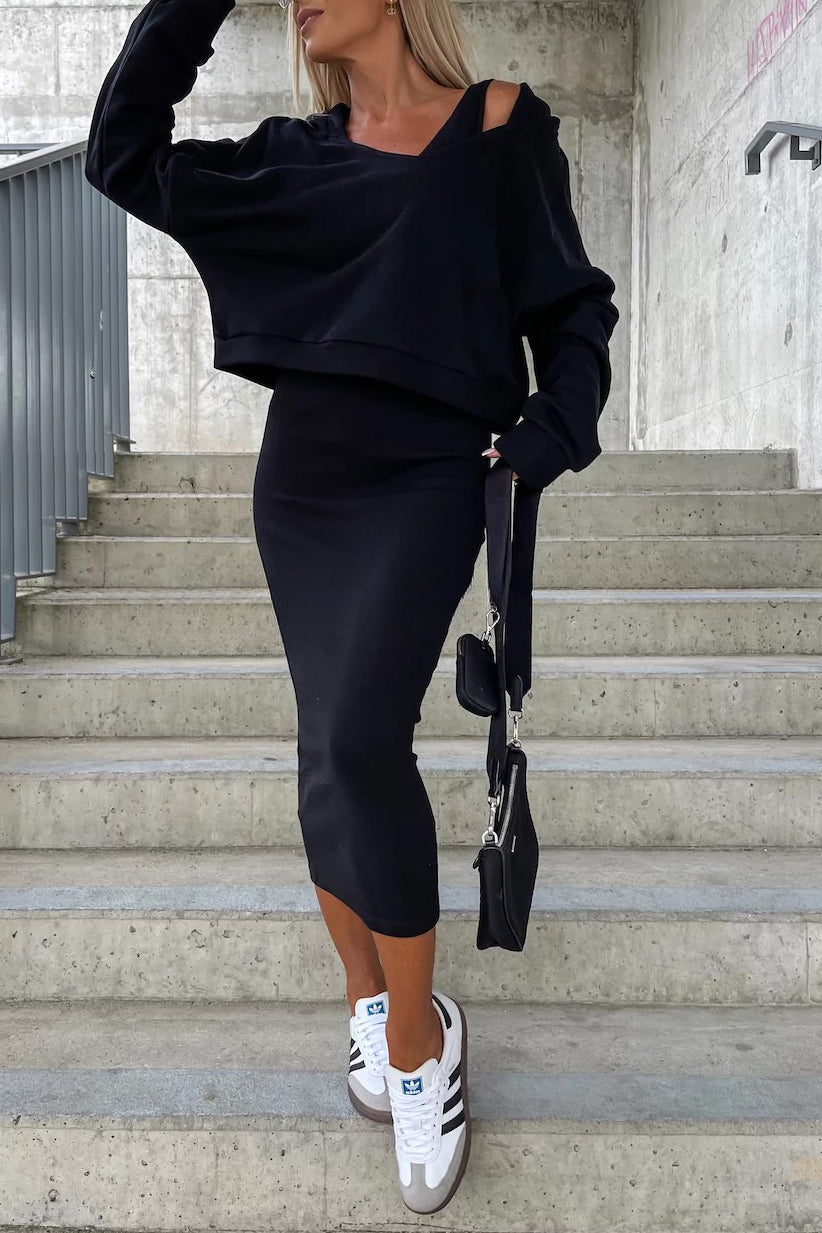 Solid Color Loose Hoodie and Stretch Tank Midi Dress Set