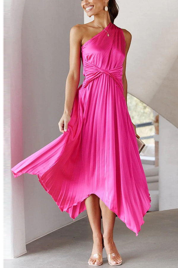 Miya Satin One Shoulder Pleated Midi Dress