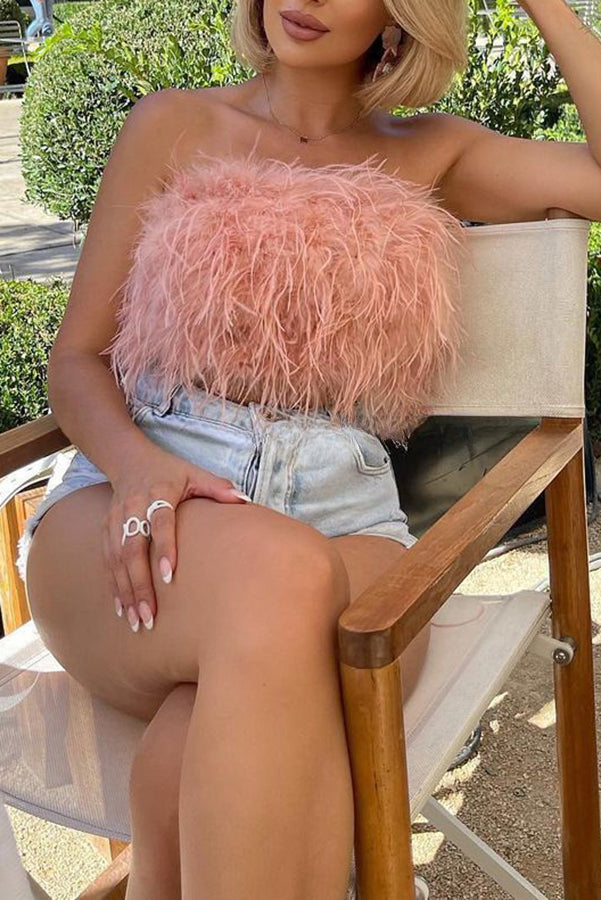 Fancy Night Out Off Shoulder Feather Crop Top