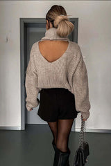 Ideally Yours  Knit Turtleneck Back Cutout Loose Sweater