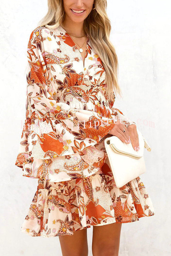 Upon The Harvest Floral Bell Sleeve Mini Dress