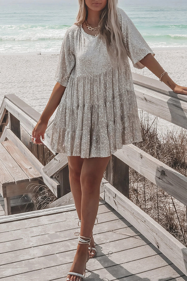 Sequined Round Neck Cute Style Mini Dress