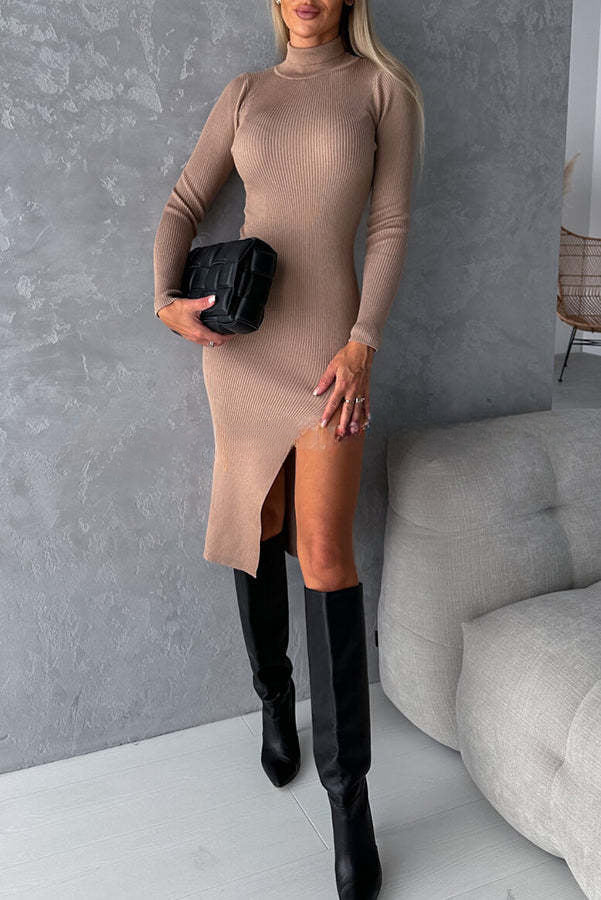 Morning Escape Knit Turtleneck Long Sleeve Slit Irregular Midi Dress