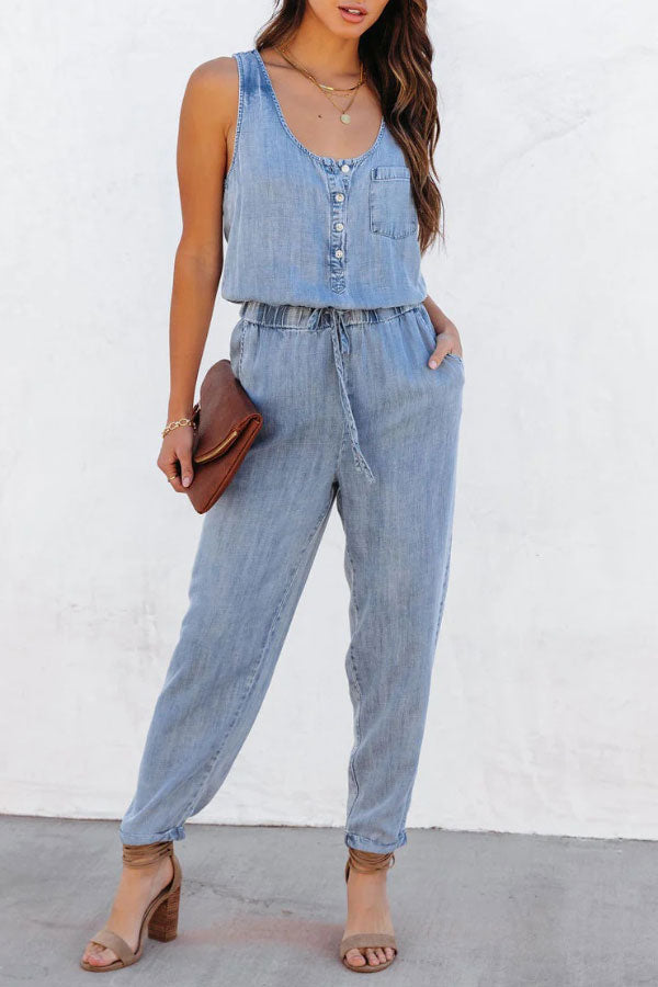 Casual Washed Waist Belt Denim Jumpsuit