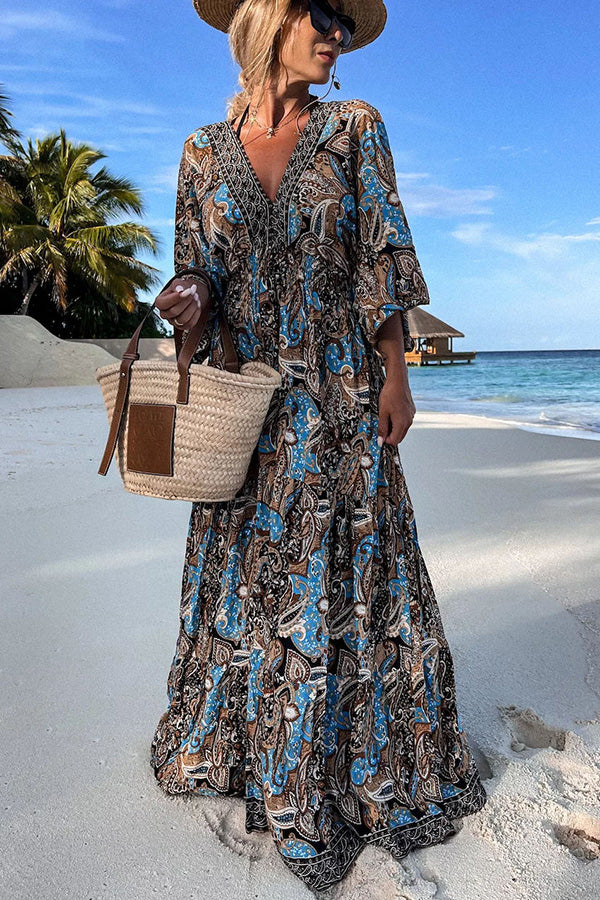 Ocean Sunset Paisley Print Boho Maxi Dress