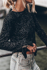 Exclusive Party Sequin Extra Long Slit Sleeves Open Back Top