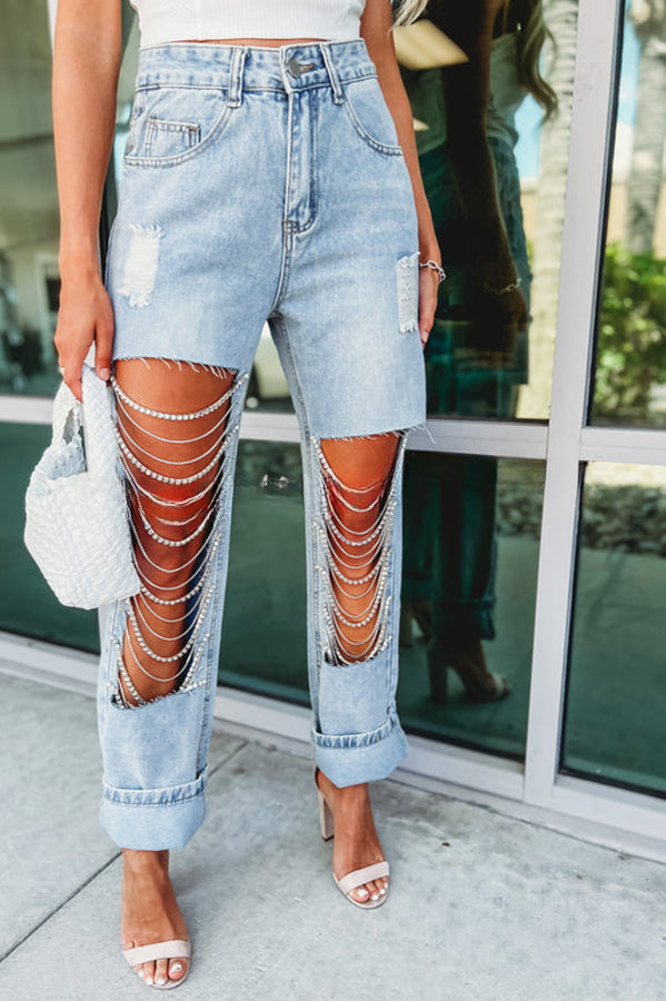 Dripping Diamonds Chain Cut Out Side Pocket Straight Leg Jeans