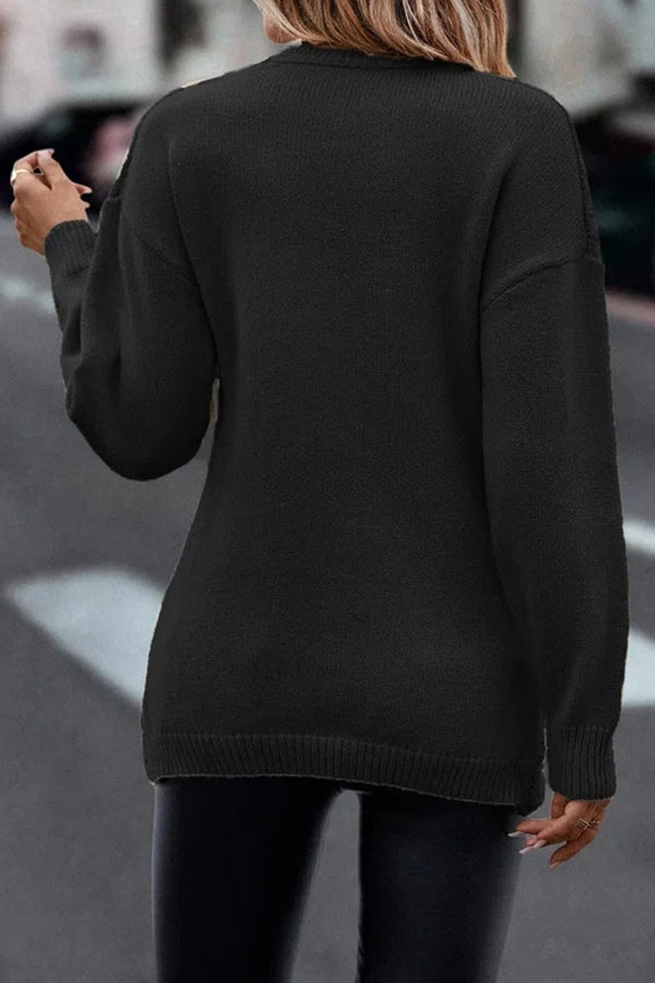 Solid Color V Neck Cross Jacquard Long Sleeved Sweater