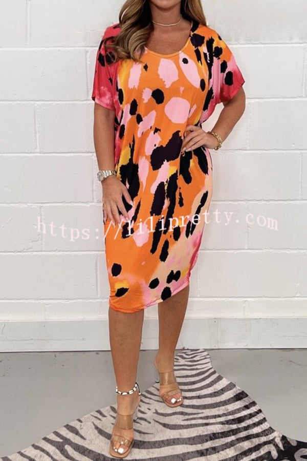 Printed Crew Neck Oversized Multicolor T Bar Dress