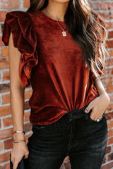 Chic Reveal Ribbed Velvet Ruffle Sleeve Top