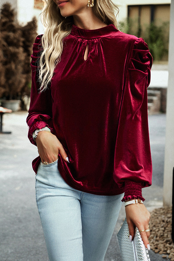 Perbai Bowknot Back Puff Long Sleeves Velvet Top